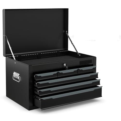 Goplus Tool Box, 24” 6-Drawers Steel Tool Chest w/Top Tool Tray,Automatic Lock, Protective Liners, Handle, Smooth Ball Bearing Sides, Portable Tool Storage Organizer, Toolbox for Garage Workshop