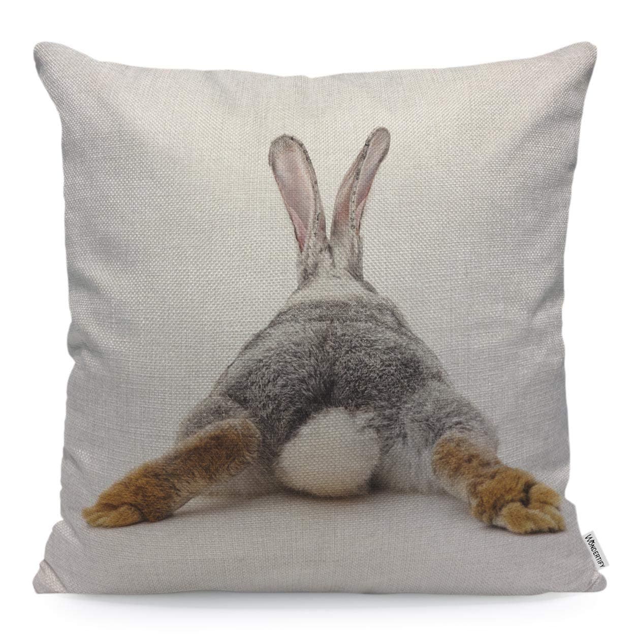 WONDERTIFY Throw Pillow Case Cover Grey Rabbit Isolated on A White Background Bunny Tail Back Soft Linen Pillow Case for Decorative BedroomLivingroomSofaFarm House Cushion Covers 18x18 Inch