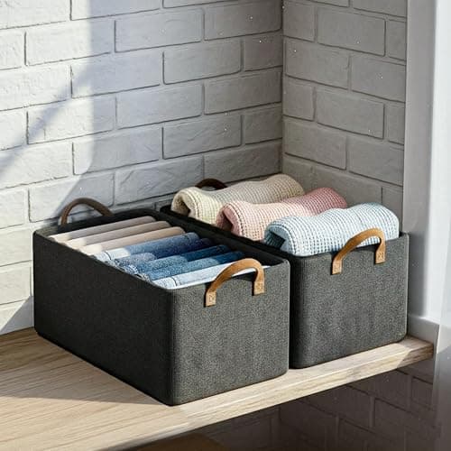 CLAPONE Foldable Storage Box and Organiser with Metal Frame/Woven Fabric Clothes Organiser with Handle/Wardrobe Organizer for Storage/Almirah Organizer for Shirts/Sweater/Jeans (grey, 2 pcs)
