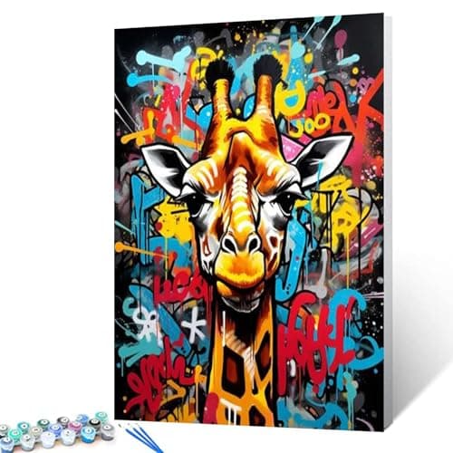 Tucocoo DIY Painting by Numbers for Adults Beginner,Giraffe Doodle Background Paint by Number on Canvas Easy to Paint for Beginner with Pigment and Brushes Unique Graffiti Without Frame 16''X20''