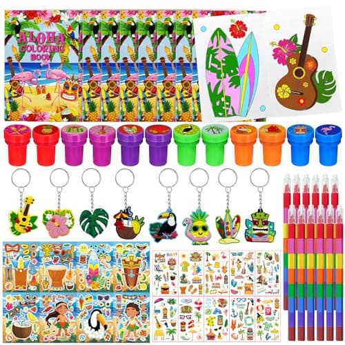 Cinrobiye 72 Pcs Hawaiian Luau Party Favors Tropical Moana Flamingo Coloring Books Bulk Aloha Tiki Summer Birthday Goodie Bag Fillers Tattoos Stickers Stampers Prizes for Beach Pool Party