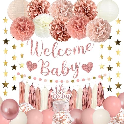 Amandir Dusty Pink Girl Baby Shower Decorations Welcome Baby Banner Cake Topper Paper Lanterns Gold Balloons Pom Poms Flowers Tassels Circle Dots Star Garland Gender Reveal Birthday Party Supplies