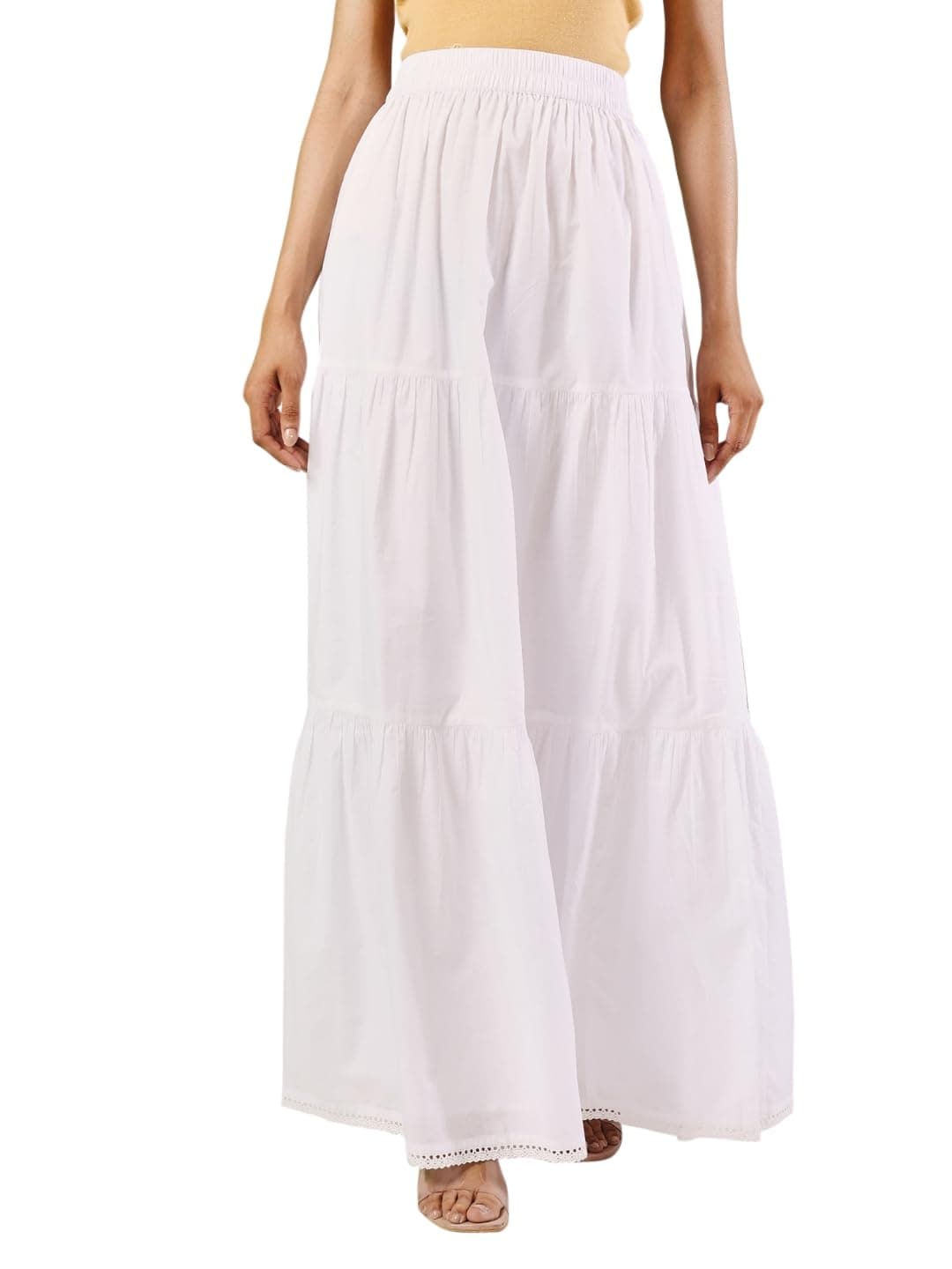 FIORRA Women's White Cotton Tiered Maxi Skirt BTM024