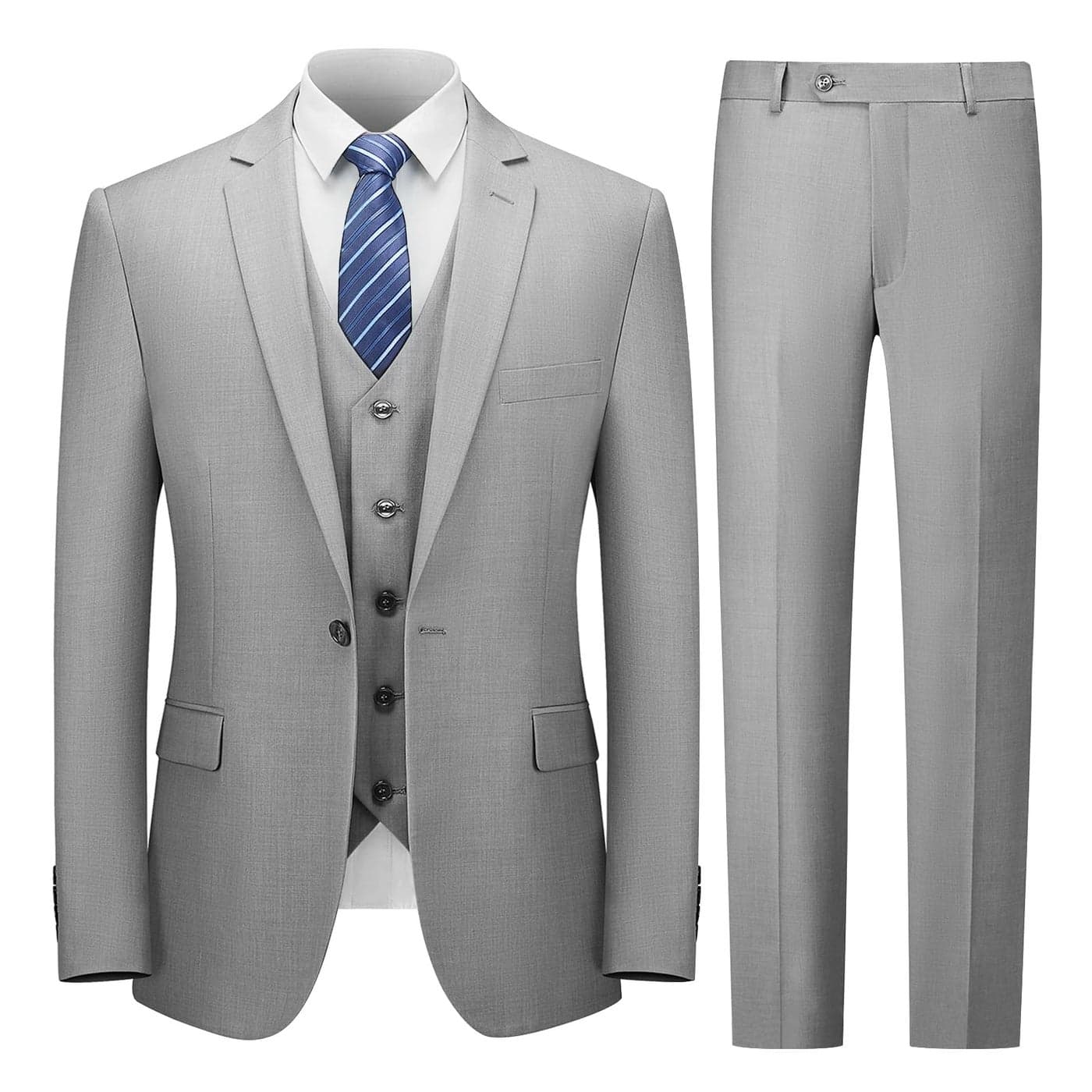 Cooper Nelson Mens Suit Slim Fit 3 Piece Suits for Men One Button Solid Jacket Vest Pants with Tie Tuxedo Set Light Grey 3XL