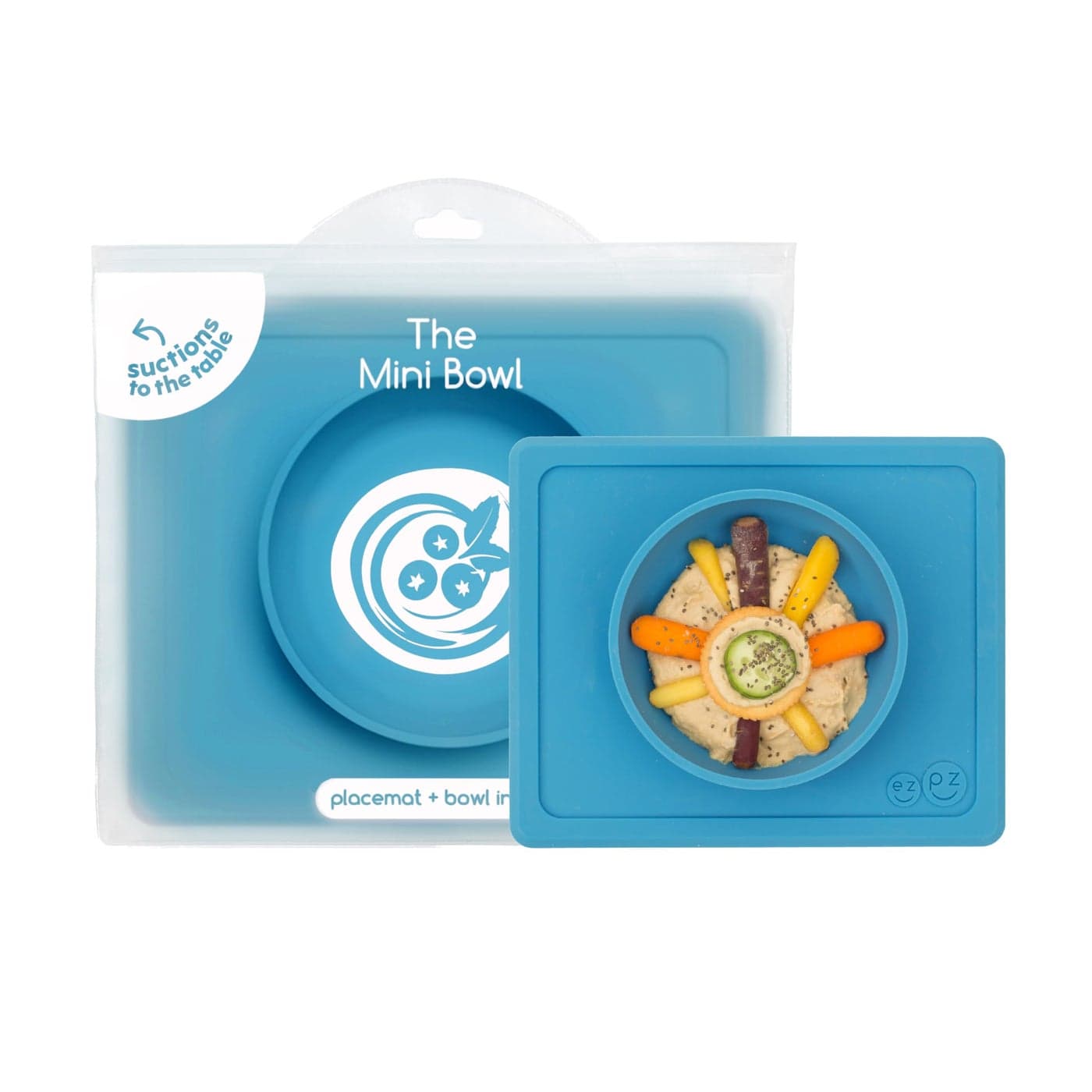 ezpz Mini Bowl for 12 Months+ (Blue) - 100% Silicone Suction Bowl with Built-in Placemat for Toddlers - Comes with a Reusable Travel Bag