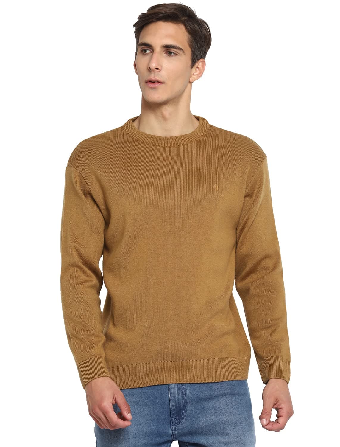 Alan Jones Clothing Men's Wool Blend Round Neck Sweater (Mustard_XL)