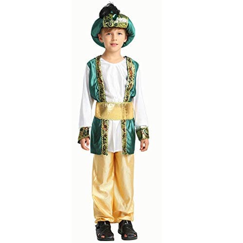 STIOEDYUAN Children's Arab Prince Costume Egypt King Shiek Aladdin Cosplay Boys Arabian Genie Halloween Fancy Dress (Green, 6-8 Years)