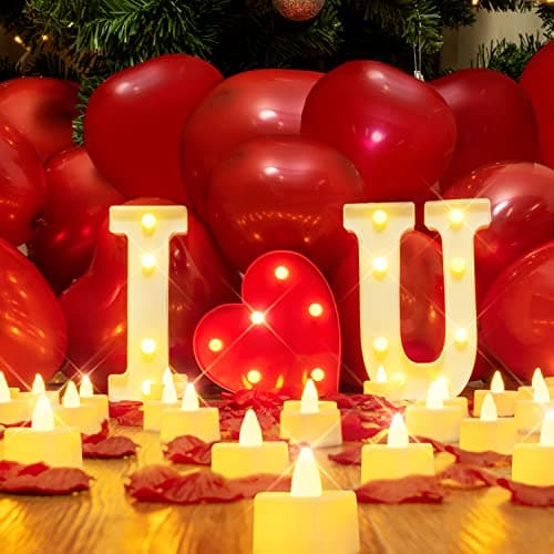 Homemory I Love U Light Up Letters Proposal Decorations I Love U Sign with 24Pcs Flameless Candles 1000Pcs Red Fake Rose Petals 30Pcs Red Balloons for Valentines Day Wedding Proposal Romantic Night
