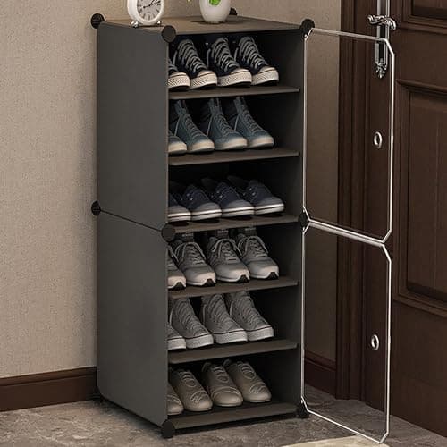 AYSIS 6 Shelf DIY Shoe Rack Box Organizer ^ Multi-Purpose Plastic Shoe Rack for Home, PP Plastic Home Rack with Door for Entryway, Chappal Slipper Shoe Stand【Grey, 6-Shelf-2-Door】