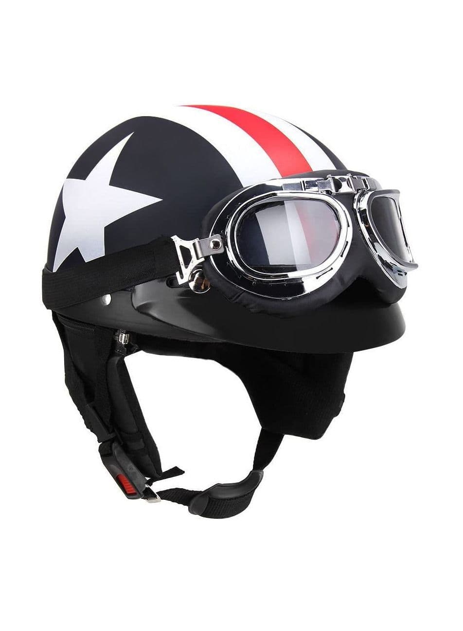 Fashion Half Open Face Touring Helmet Leather Retro Style Cool Harley Motorcycle Bicycle Detachable Riding Helmet 54-60cm with Goggles Visor Scarf Sunscreen Anti UV Safety Helmet