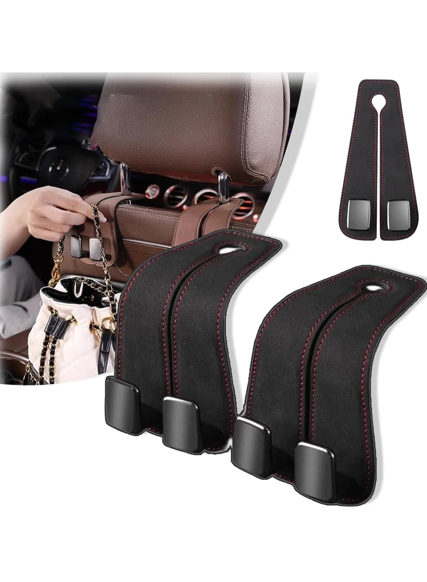 2-Pack Car Seat Headrest Hooks, Multi-Functional Leather Hooks for Handbags, Coats, Umbrellas and More, Stylish Black Design