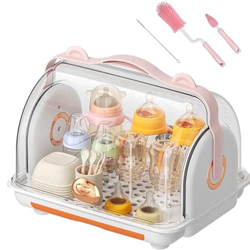 Nollapo Baby Bottle Drying Rack Storage with 3 Brush Nursing Bottle Storage Box Organizer with Cover Portable Kitchen Cabinet Organizer Durable countertop Dryer Orange