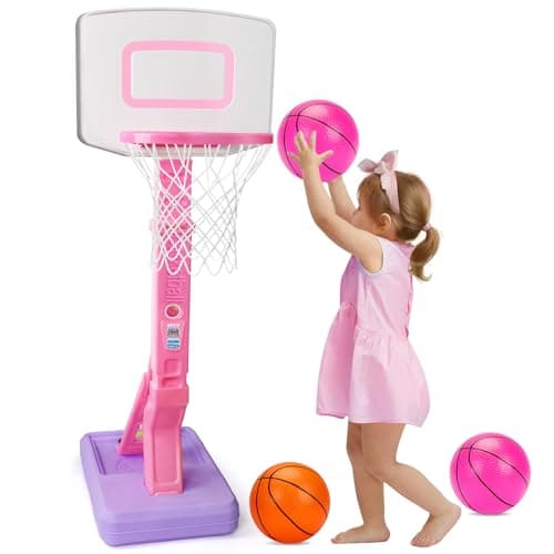 Toddler Pink Basketball Hoop for Age 13 Adjustable Kids Basketball Hoop with 3 Balls Indoor Outdoor Play Mini Poolside Basketball Goal Sport Toys Birthday Easter Gift for 1 2 3 4 Year Old Baby Girl