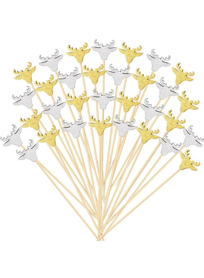 100 Pcs Christmas Cocktail Picks, Gold and Silver Reindeer Party Picks Appetizer Picks Wooden Bamboo Toothpicks Skewers Decorative Sandwich Fruit Sticks for Party Appetizer Supplies