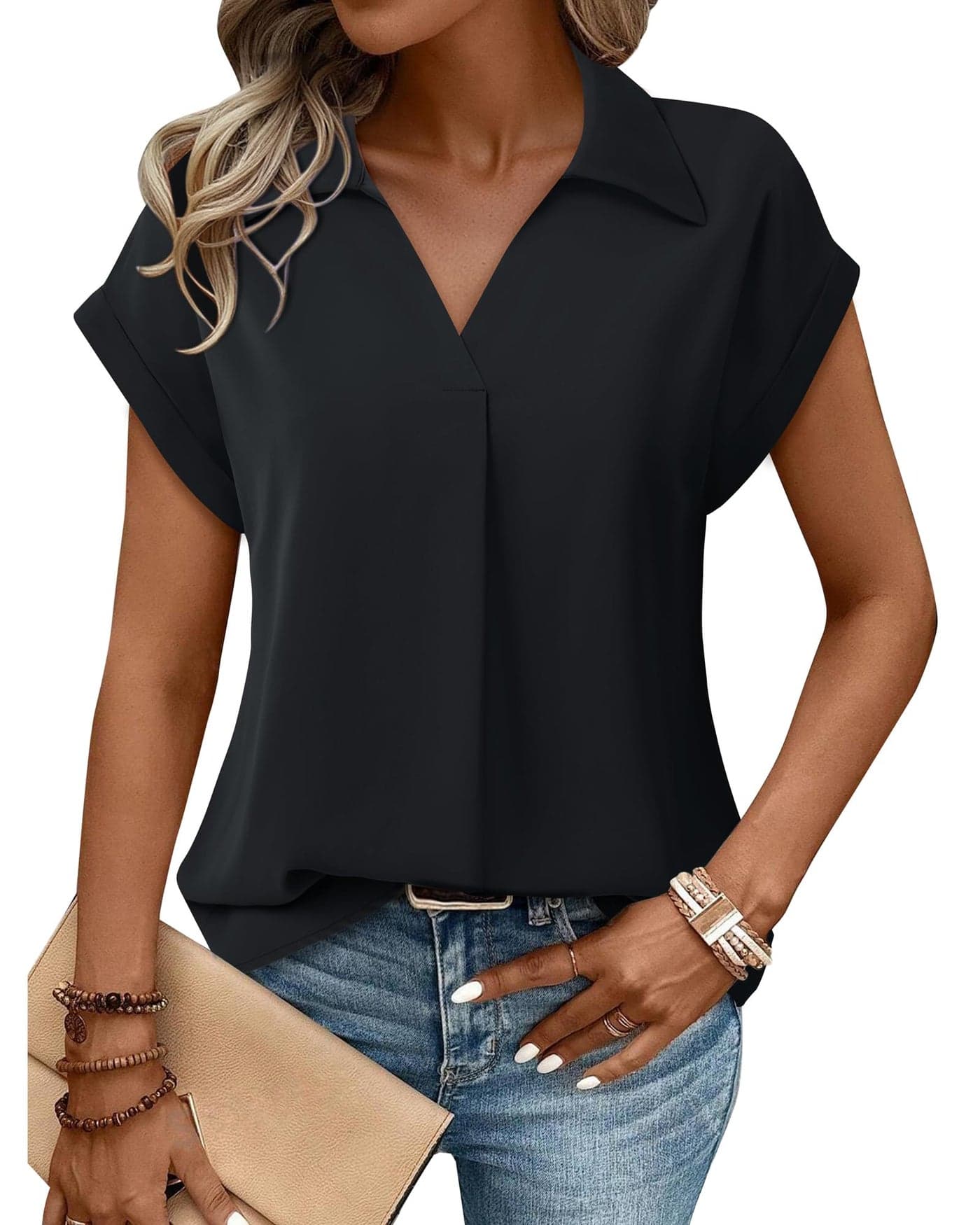 Gaharu Women's Blouses Summer Cute V Neck Blouses Chiffon Casual Work Shirts Short Sleeve Tops Lapel Dressy Tunics Black,L