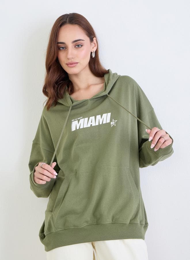 Styli Green Graphic Print Oversized Hoodie