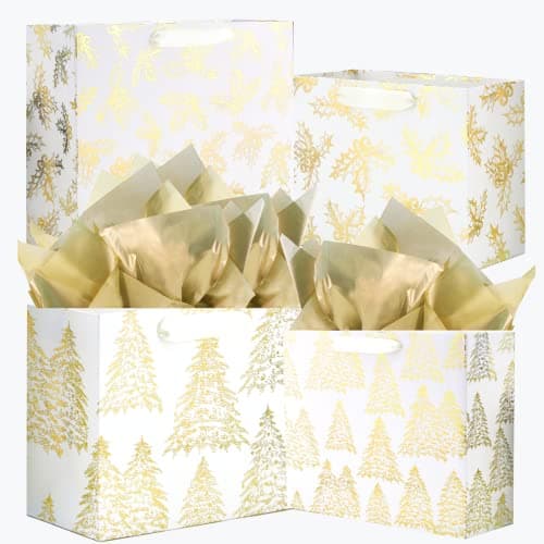 UNIQOOO 12PCS Assorted Metallic Gold Bags Size L 125 M 9 Gilded Xmas Tree Gift Wrap Bags Golden Mistletoe Paper Favor Bag Gift Packaging For Thanksgiving Holiday New Year Party