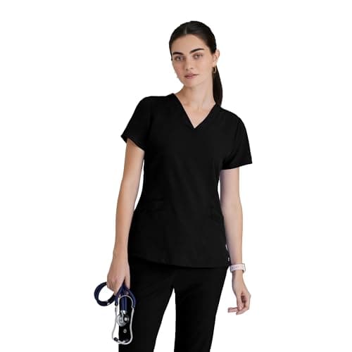 BARCO One Pulse Classic Fit Scrub Top for Women – Black, 5-Pocket V-Neck Scrub Shirt w/ 360 Spandex Stretch, Moisture Wicking, Anti-Static and Quick-Shed – XL, Regular Fit