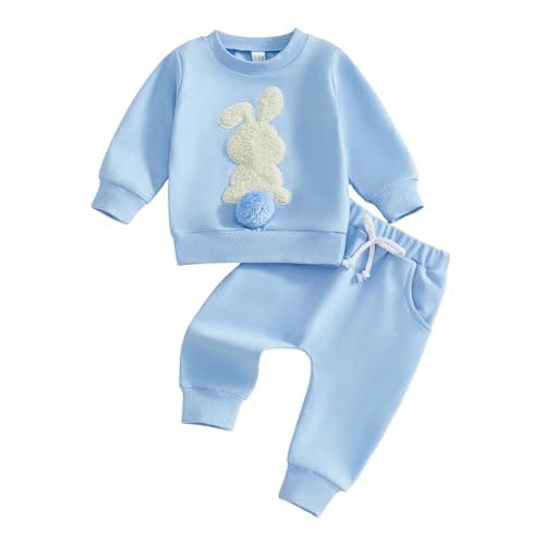 Kupretty Toddler Baby Girl Boy Easter Outfit Bunny Embroidery Crew Neck Sweatshirt + Solid Pants Set 6 12 18 24 Months 1T 2T (Blue, 6-12 Months)