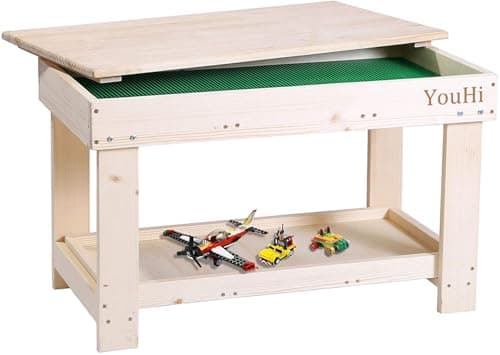 YouHi Kids Activity Table with Board and Storage for Bricks Activity Play Table Wood Color