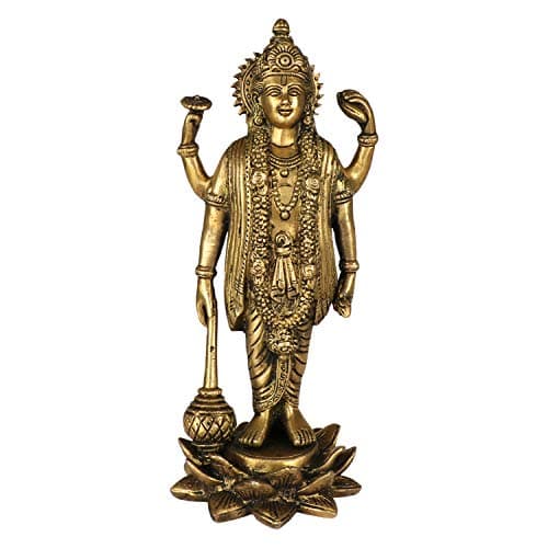 Kartique Brass Astadhatu Lord Bhagwan Vishnu Narayann Idol Holding Club Gada on Lotus Statue for Home Decor Mandir Temple Puja Gift Vastu Dosh