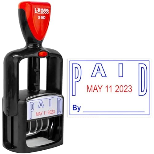 Mark 2000 SelfInking Rubber Date Office Stamp with Paid Phrase Blue Ink Date Red Ink 12Year Band