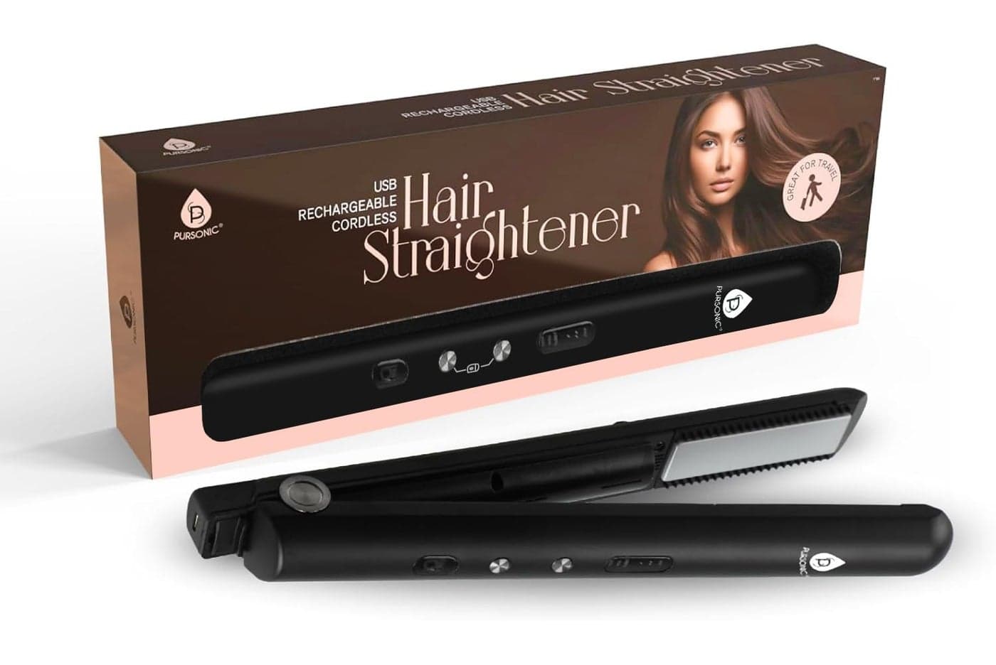Pursonic USB Rechargeable Cordless Hair Straightener with 2 * 4500mah Batteries - Portable Hair Straightener with 3 Temp Level, LED Indicators & Ceramic Coated Flat Iron (Black)