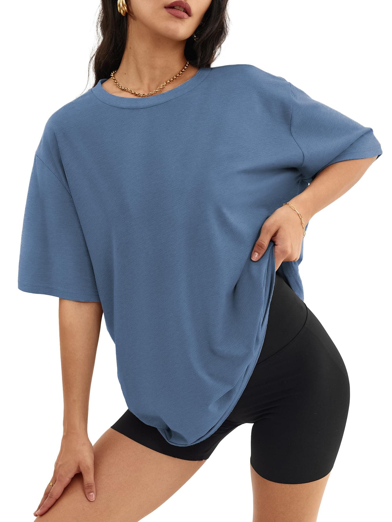 ATHMILE Womens Oversized T Shirts Loose Fit Crewneck Short Sleeve Tops Summer Casual Blouse Y2K 2025 Basic Tee Beach Navy