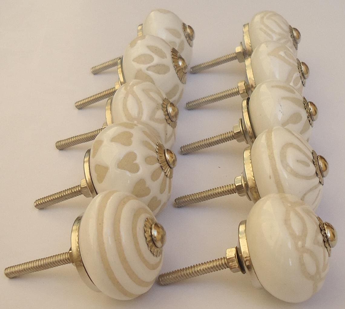 SHRIYAM CRAFT Door Knobs Hand Printed Ceramic Knobs and Pulls Handle Handmade Silver Finish 12 White Mix Knob Pack of 12