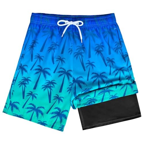 OlyPegic Boys Swim Trunks Size 10-12, Boy Swim Shorts Boy Bathing Suit Swimsuit Kids Swimwear Board Shorts with Boxer Brief Liner Compression Toddler Beach Running Swim Trunks (Coconut Tree)