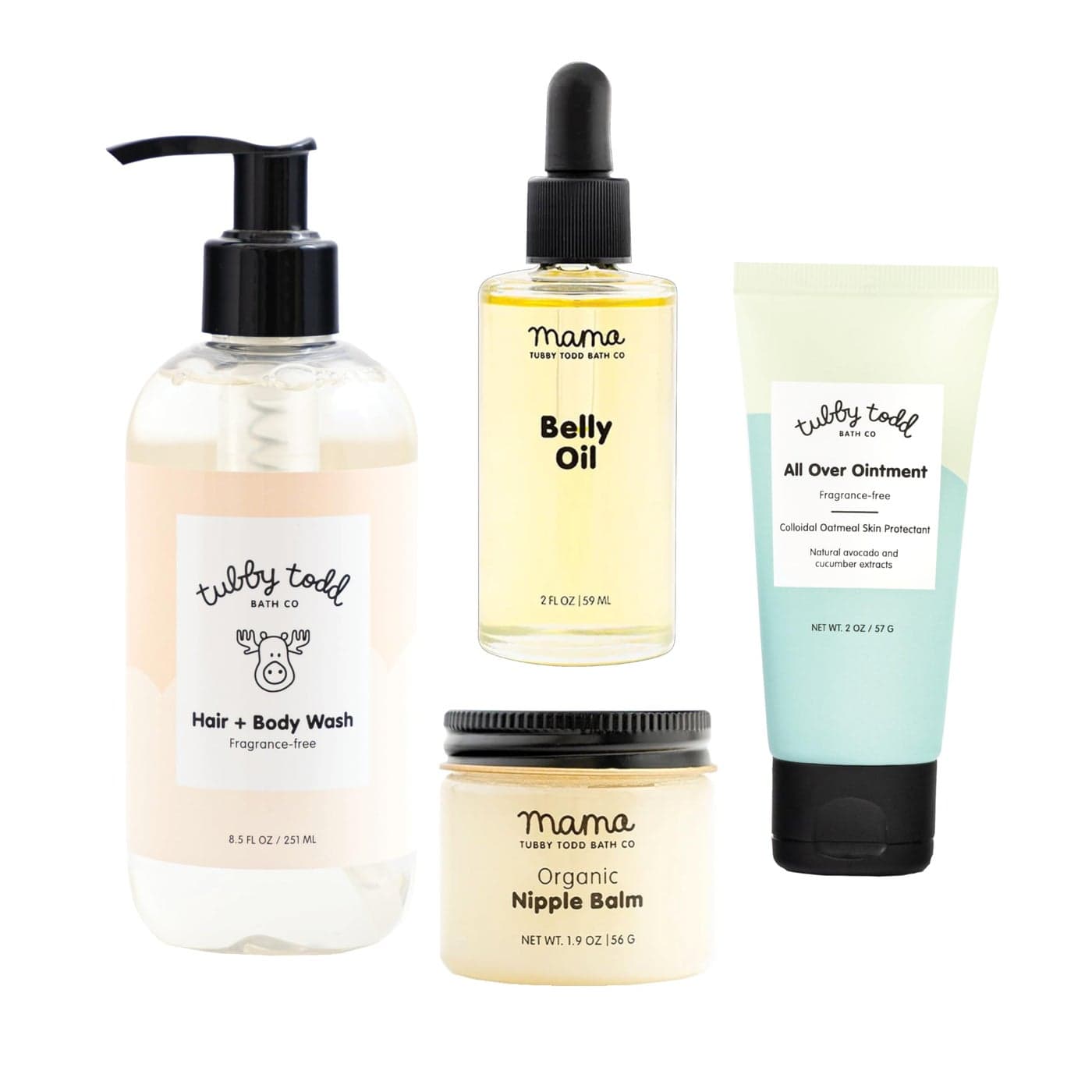 Tubby Todd New Baby Mom Sensitive Skincare Kit The Mama Baby Gift Set Baby Shampoo and Body Wash 85 Oz All Over Ointment 2 Oz Belly Oil 2 Fl Oz Nipple Balm 19 Oz FragranceFree