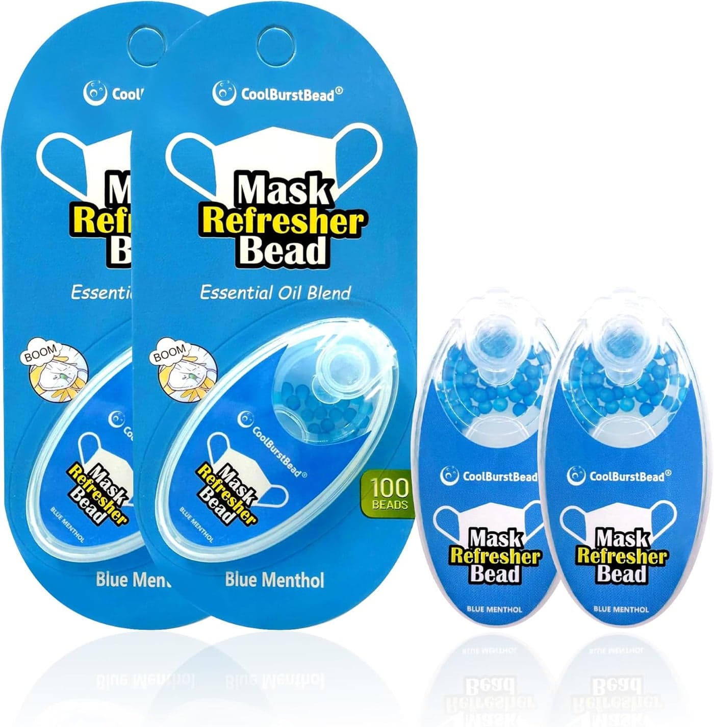 Face Mask Refresher, Long-Lasting & Strong Refreshing Fragrance, with Natural Essential Oils from Herbs and Plants (100 beads/pack), Pack of 4, Blue Menthol