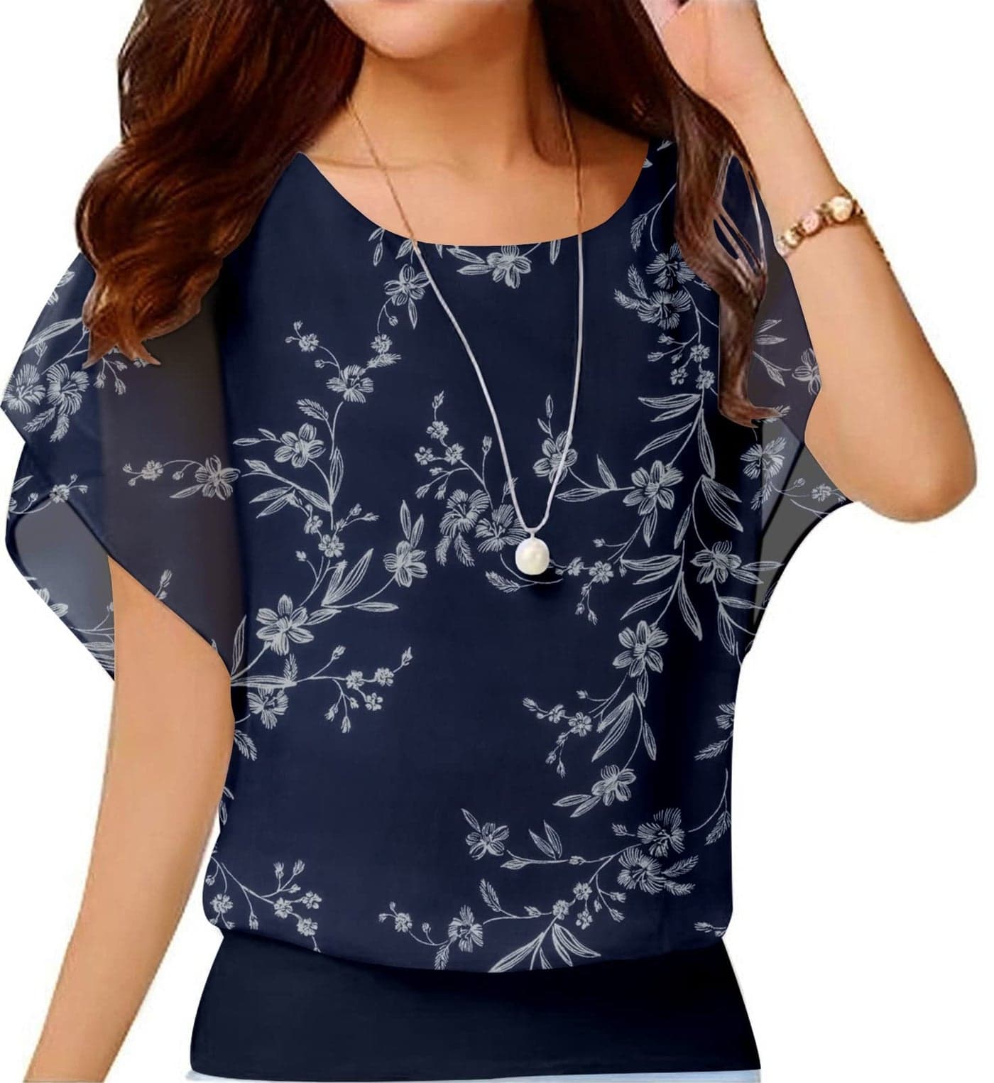 Neineiwu Women's Loose Casual Short Sleeve Chiffon Top T-Shirt Blouse (White Leaves Navy Blue,Small)
