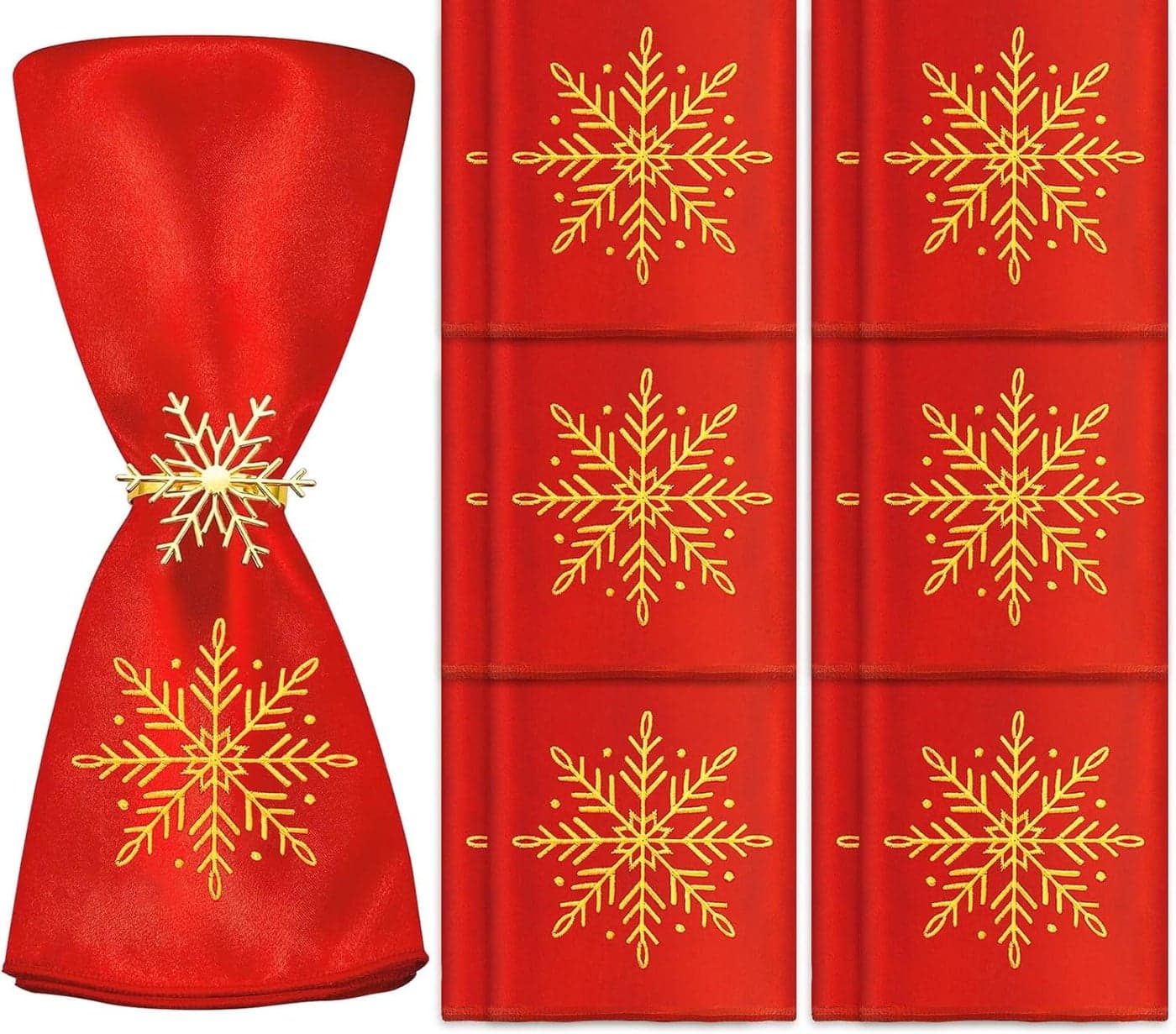 12Pcs Winter Snowflake Cloth Napkin Red Gold Embroidery Snowflake Satin Dinner Napkin Reusable Xmas Kitchen Top Collection for Christmas Home Restaurant 17 x 17 Inch