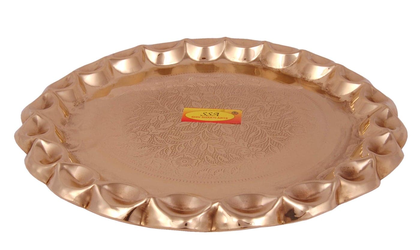 Shiv Shakti Arts® Brass THALI|Dinner Plate|Pooja THALI| Engraved Paan Plate Design - (10.25 Inch, 1 Piece)