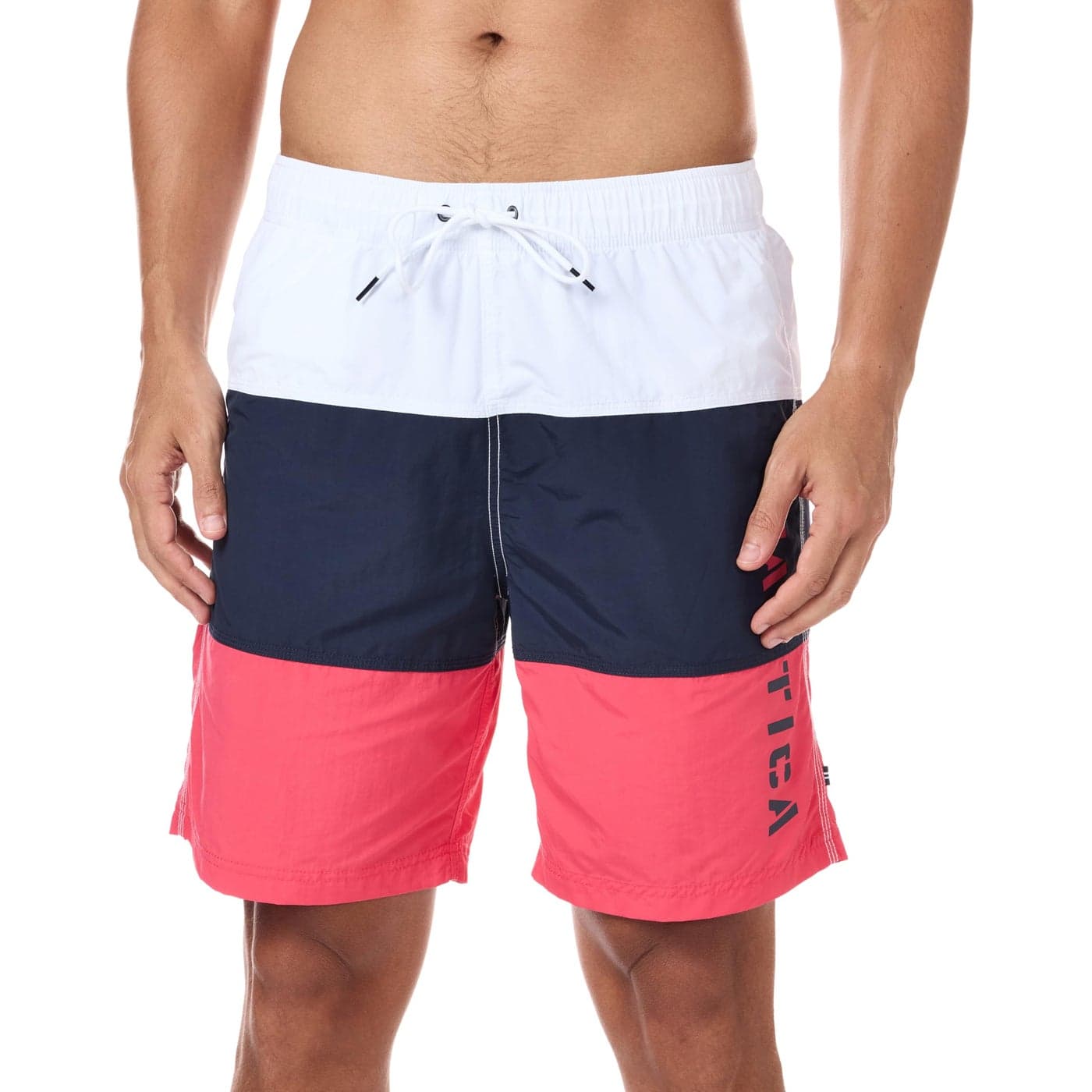 Nautica Men's Standard Quick Dry Classic Logo Tri-Block Series Swim Trunk, Melon Berry, Medium