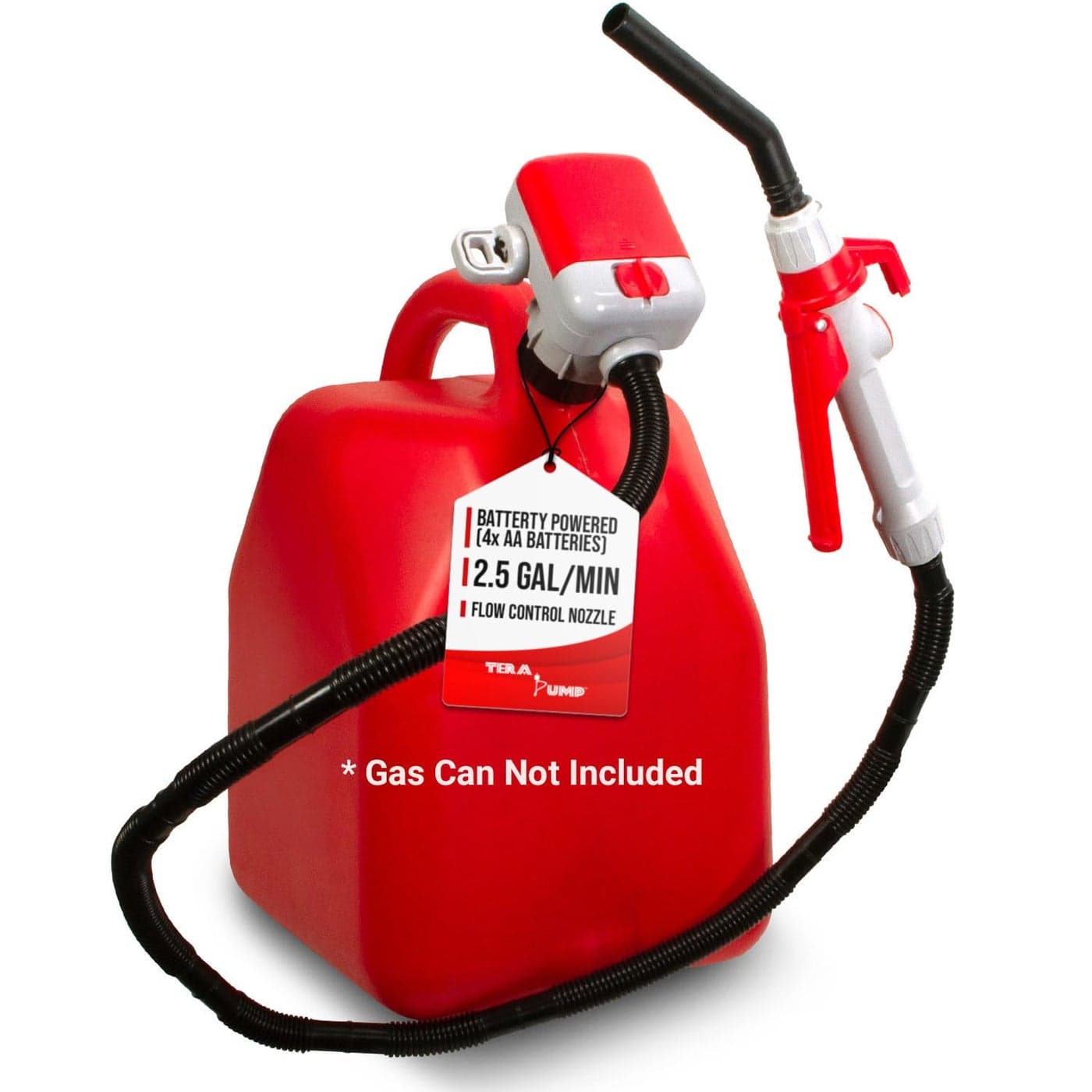 TERA PUMP TRFA02MTX Fuel Transfer Pump 25 GPM 4AA Battery Powered Gas Can Pump Flow Control Nozzle with Squeeze Trigger Handle for E85 E15 Gas Diesel Extended 41ft Hose