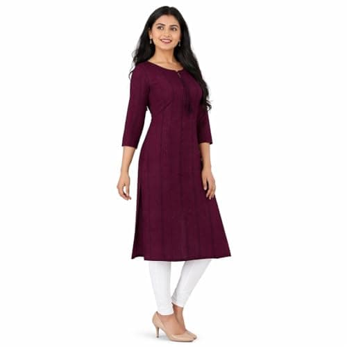 Qshara Women’s Rayon Chikankari Knee – Length, 3/4 Sleeve Embroidery Work and Wine Colour Kurti for Girls. (in, Alpha, L, Wine RED)