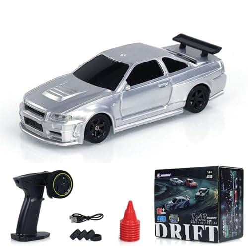 FEXXA 1/43 Scale RC Drift Race Car Gyro 4WD Ready to Go Mini Remote Control Car High Speed Model (1:43 RC Drift Nissan GT-R R34-SILVER)