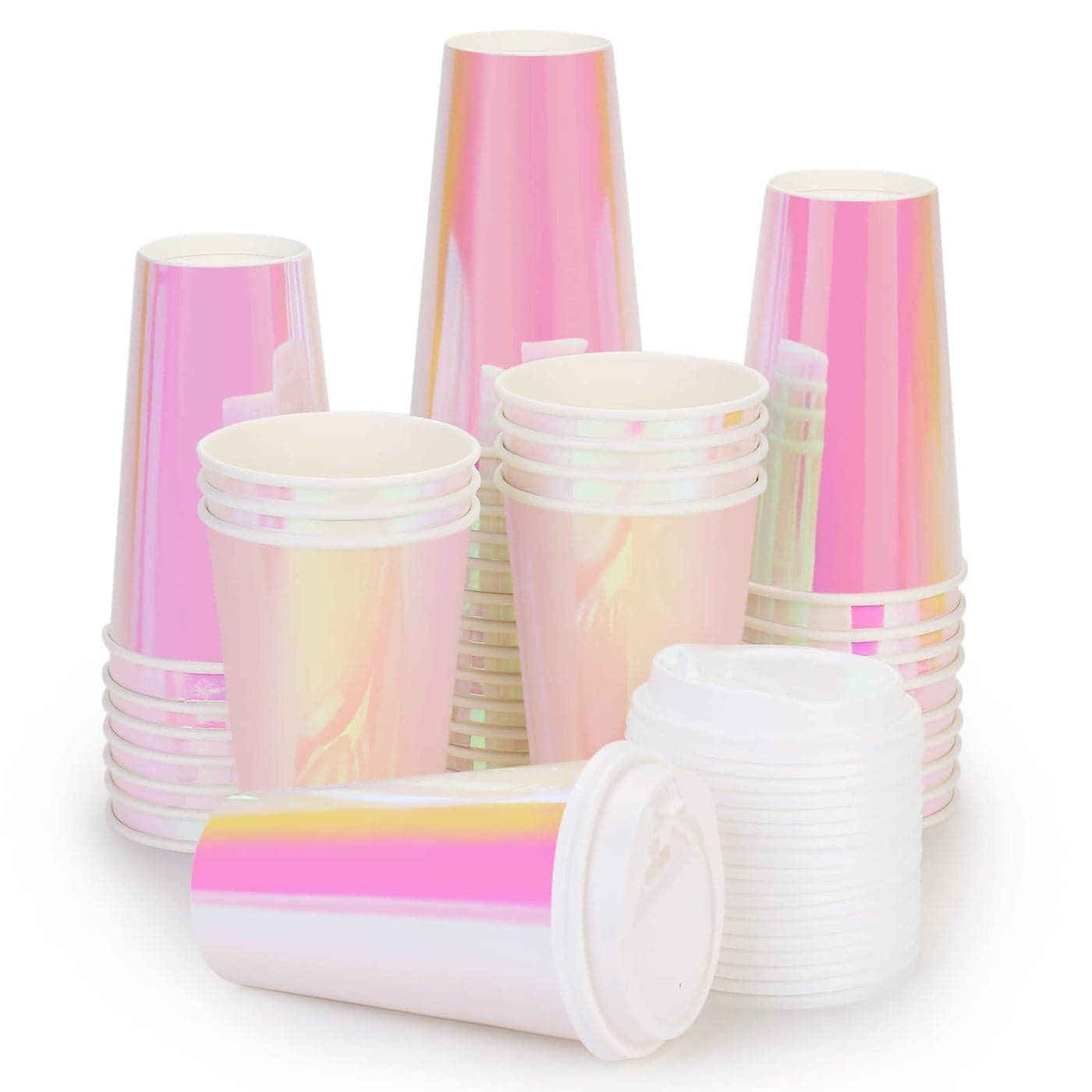 Pink Iridescent Paper Cups 16 oz 20 pack Disposable Double Insulated Coffee Cup with Lids Hot Cold Drinks Tea Milk Beverages Holographic Pastel Party Decorations Travel Birthday Wedding Christmas