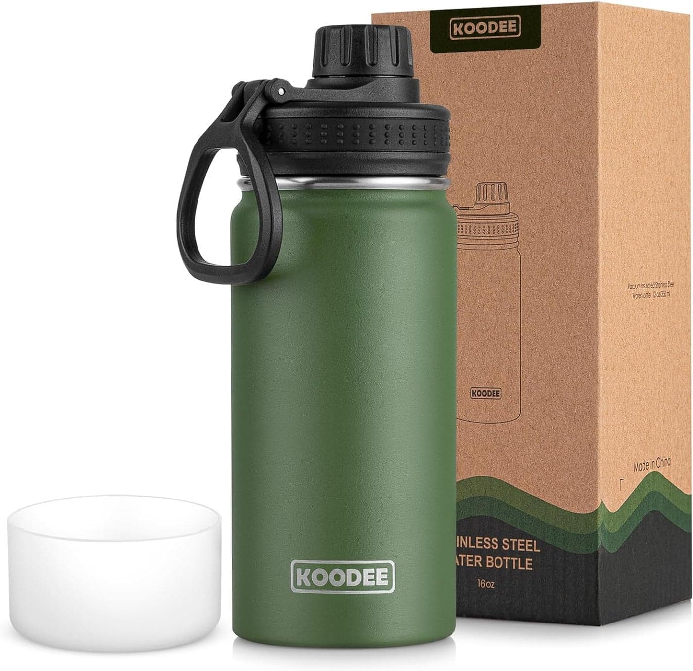 koodee 16 oz Water Bottle Stainless Steel Double Wall Vacuum Insulated Wide Mouth Water Bottle with Leakproof Spout LidReusable Metal WaterFlask BPA Free Grass Green