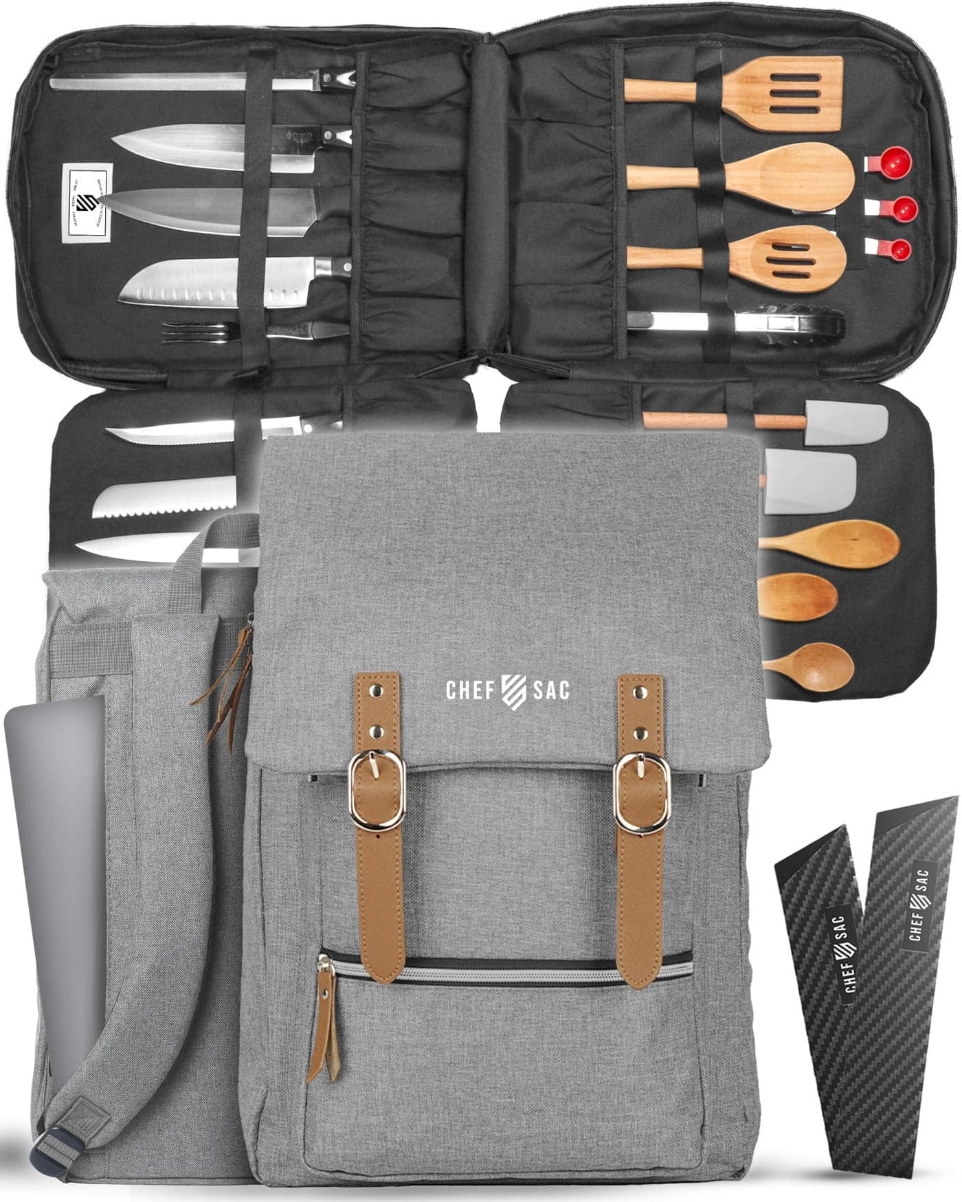 Chef Knife Bag Vintage Backpack VINTAGE, Professional Knife Carrying Case for Chefs & Culinary Students, 30+ Pockets, Holds 10" Knives, Water-Resistant 600D Material (Heather Grey)