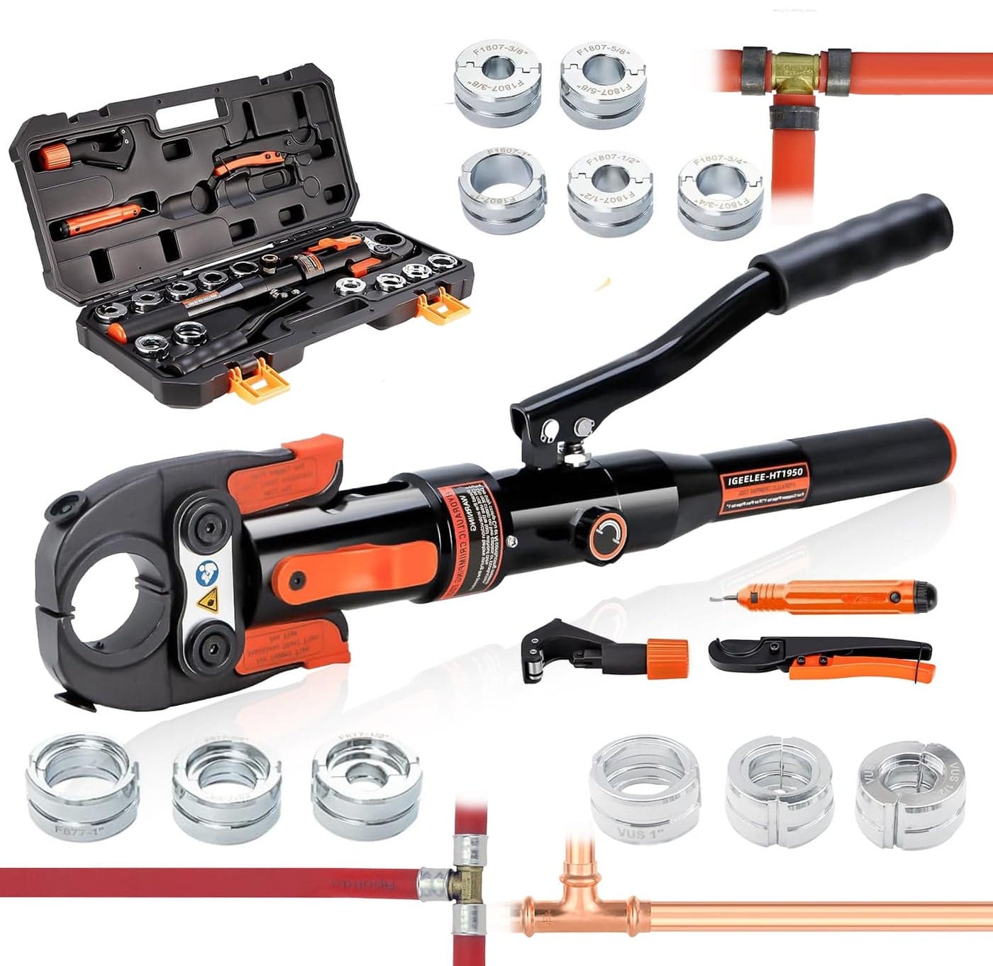 iGeelee Hydraulic Copper Pipe Press Tool with 3 Sets of Dies – Compatible with 1/2", 3/4", 1" Copper Pipe, F877 Stainless PEX Press Sleeves & ASTM F1807 PEX Copper Rings (3/8"–1")