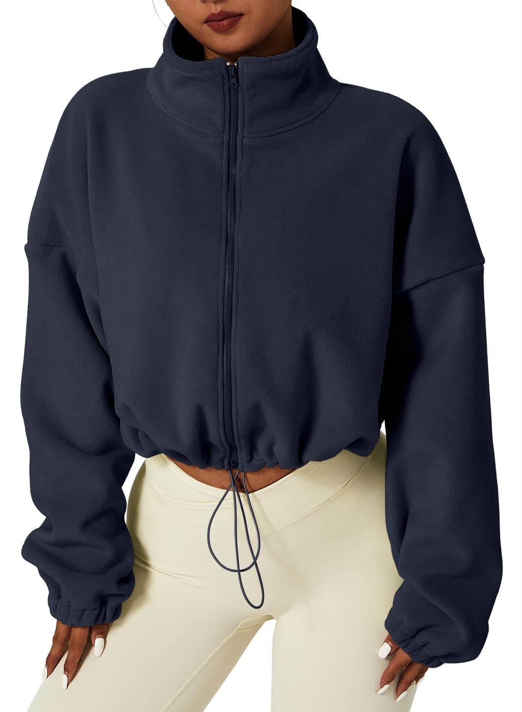 QINSEN Women's Full Zip Fleece Jacket Stand Collar Winter Warm Cropped Outwear Baggy Sherpa Short Coat Navy S
