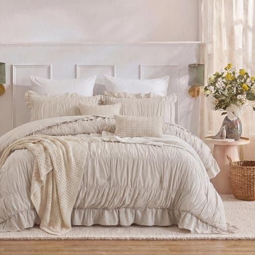 Herside Beige Ruffle Duvet Cover Set King Size,Ruched Boho Bedding 3 Pieces Shabby Chic Luxury Wrinkle Ruffle Comforter Cover Set,Breathable and Soft Microfiber Quilt Cover Set for All Seasons