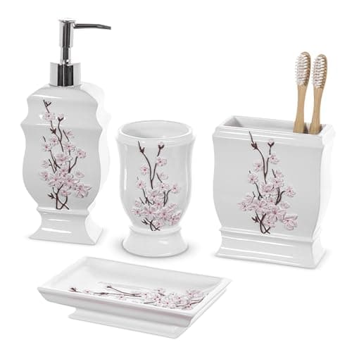 Creative Scents Vanda Bathroom Set - Cherry Blossom White Bathroom Accessories Set - 4 Piece Floral Bathroom Soap Dispenser Set Includes: Lotion Dispenser, Toothbrush Holder, Tumbler & Soap Dish