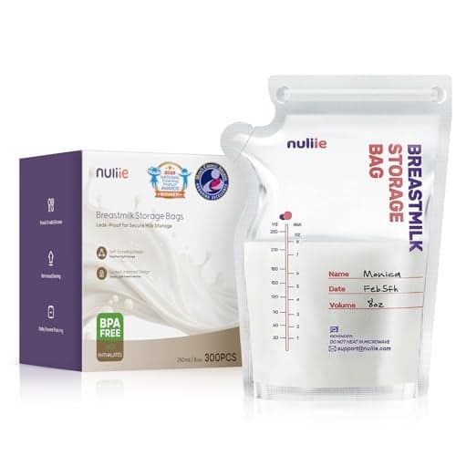 Nuliie 300 Pcs Breastmilk Storage Bags, 8 OZ Breast Milk Storing Bags, BPA-Free, Milk Storage Bags with Pour Spout for Breastfeeding, Self-Standing Bag, Space Saving Flat Profile