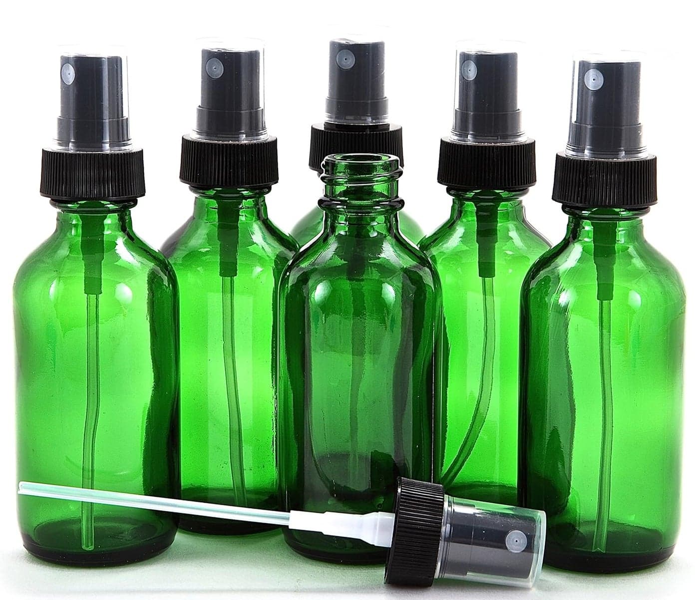 Vivaplex 6 Green 2 oz Glass Bottles with Black Fine Mist Sprayers