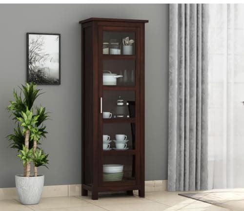 CRAFT D ARTS Solid Sheesham Wood Crockery Cabinet with 1 Acrylic Glass Doors | Wooden Kitchen Cabinet & Bookshelf Storage Unit | 5 Shelves Organizer for Living Room, Bedroom & Office | Walnut Finish