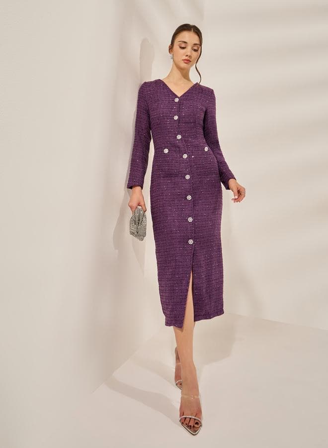 Purple Embellished Tweed Midi Dress — XXL